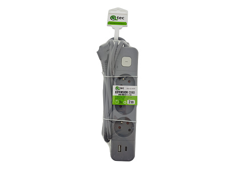 QTEC Q-417F Predlžovací prívod 2m 3 zásuvky + VYP - USB A+C/2,4A