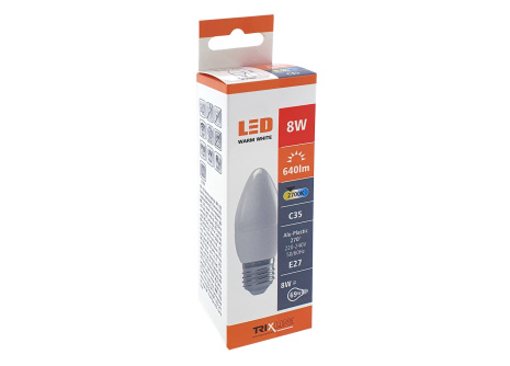 LED žiarovka Trixline 8W E27 C35 teplá biela