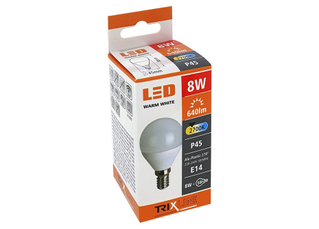 LED žiarovka Trixline 8W E14 P45 teplá biela