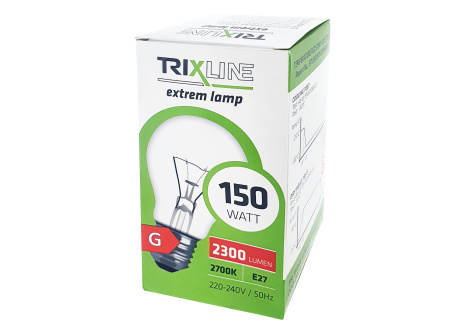 Teplotne odolná žiarovka Trixline 150W, A70, E27, 2700K