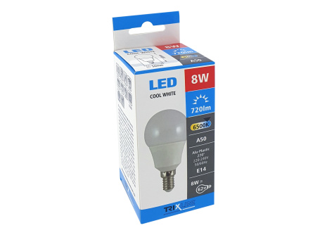 LED žiarovka Trixline 8W E14 A50 studená biela