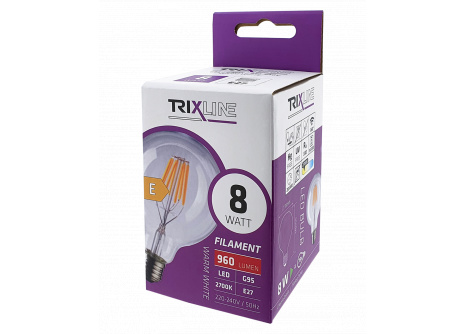 Dekoračná LED žiarovka FILAMENT Trixline 8W 960lm G95 E27 teplá biela