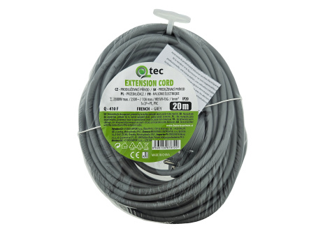 Predlžovací prívod sivý 1 zásuvka, 20m, Q-410F QTEC